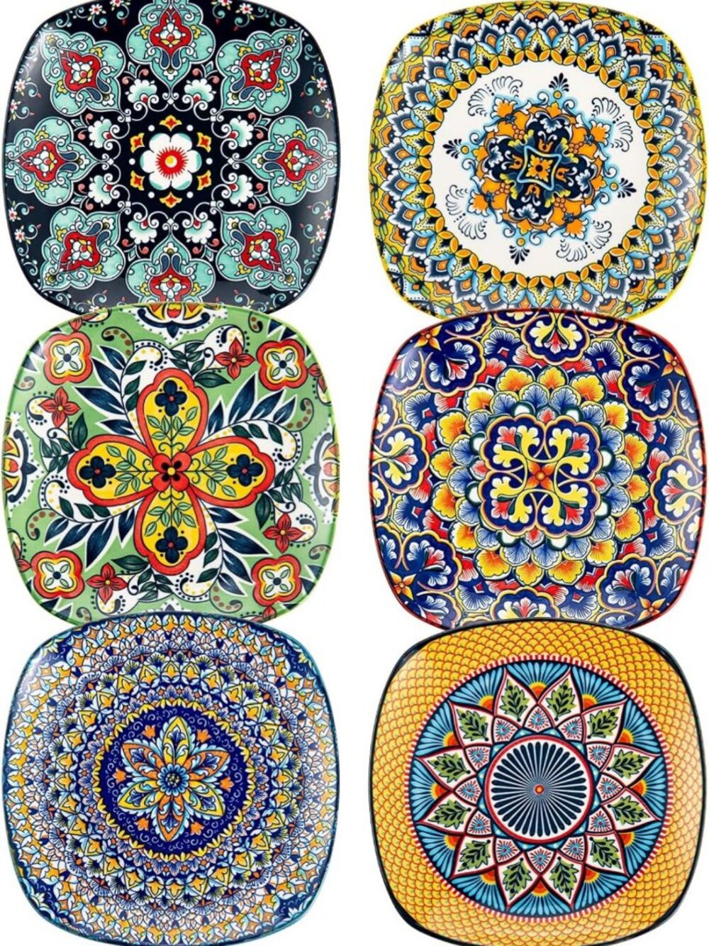 Set of 6 Boho Ceramic Dessert Plates - 7.3 Inch Square Appetizer Dishes